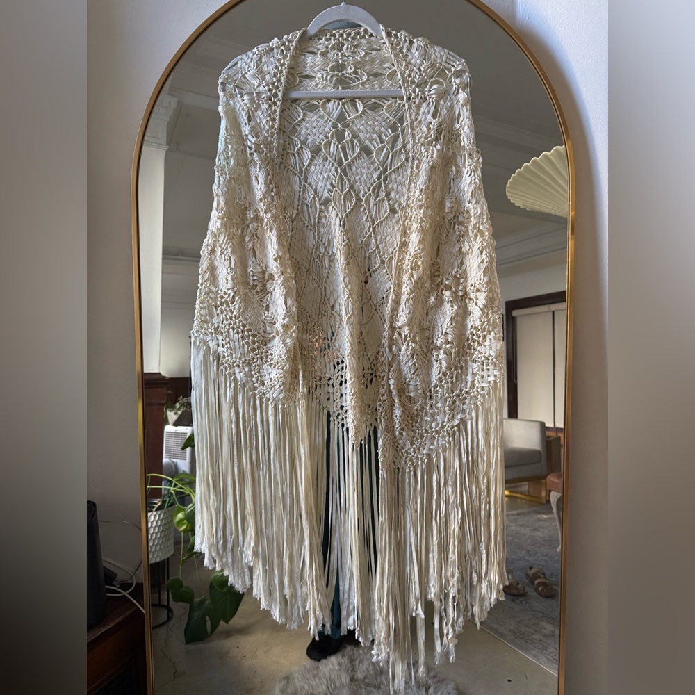 Elegant Cream hand crocheted Shaw with dramatic tassels